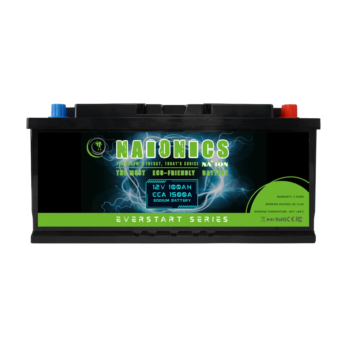 12V 100Ah sodium battery with 1500A CCA, eco-friendly Everstart Series, front view