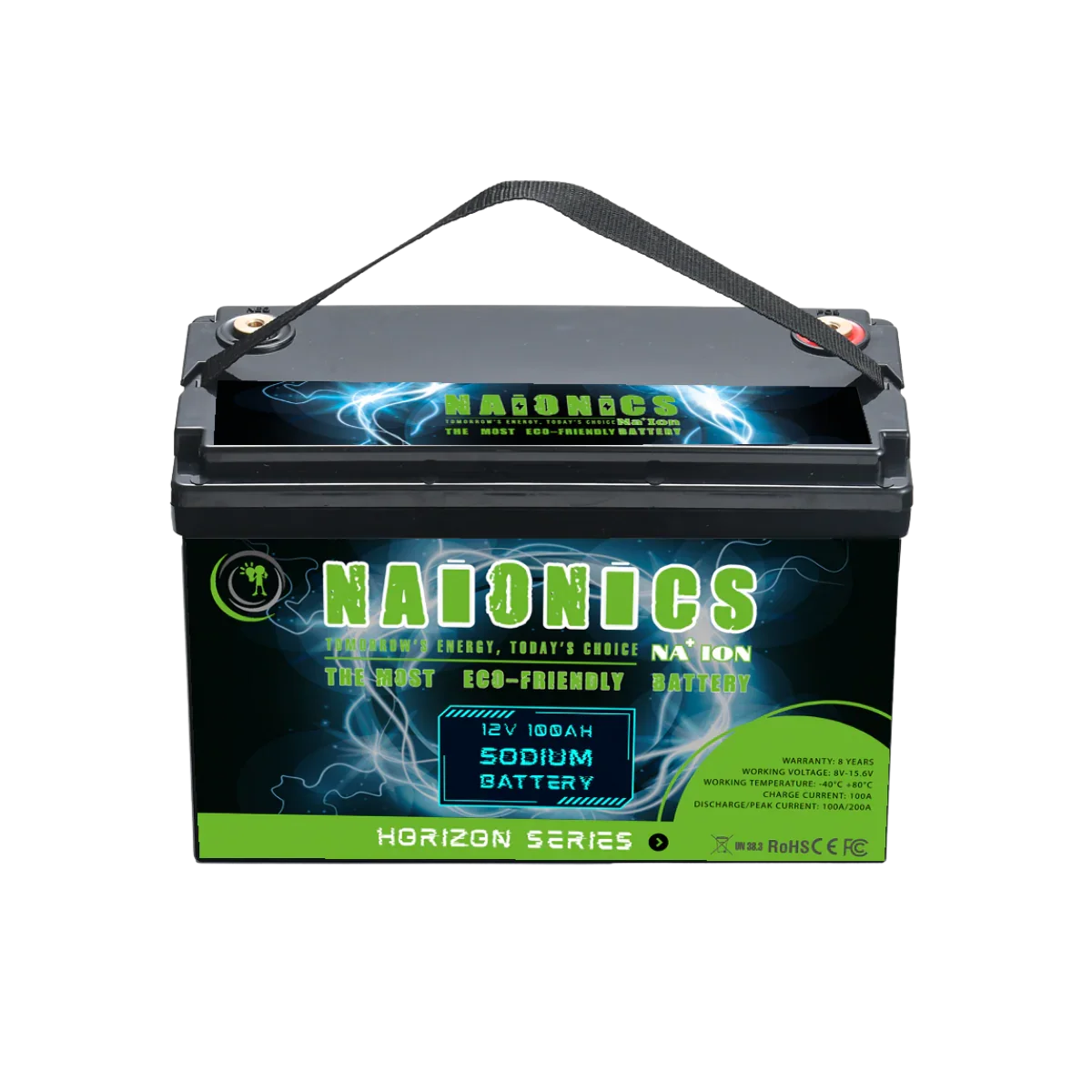 12V 100Ah sodium ion battery Horizon Series with handle and green eco-friendly label