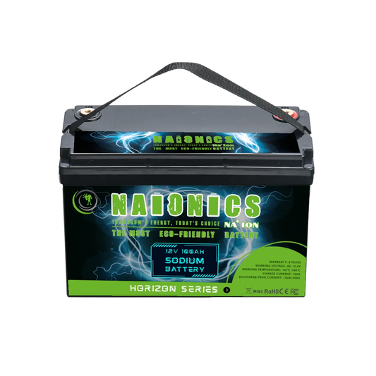 12V 100Ah sodium ion battery Horizon Series with handle and green eco-friendly label