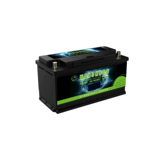 12V 30Ah sodium ion battery, black casing with green label, Everstart Series, close-up view