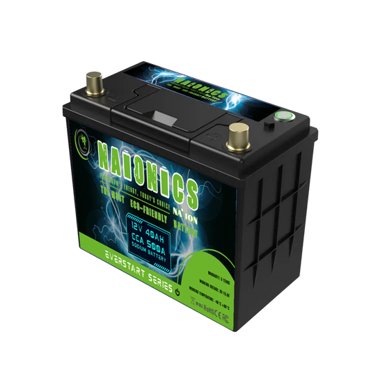 12V 40Ah 500A sodium ion battery with black casing, labeled Everstart Series.