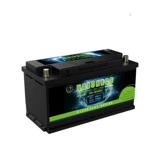 12V 40Ah sodium car battery with 750A CCA, labeled Naionics Everstart Series