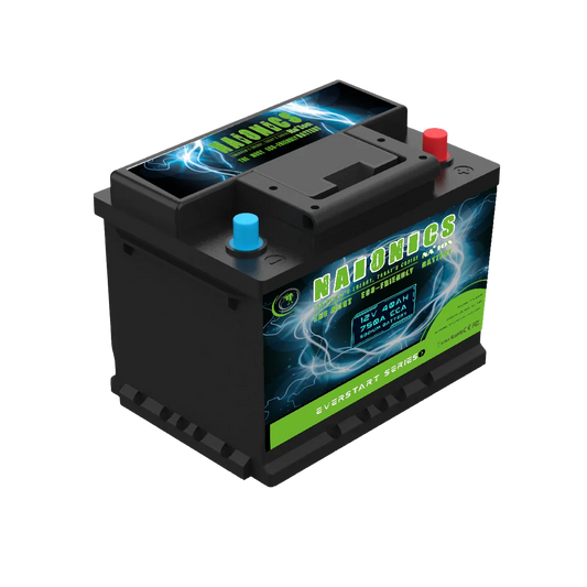 12V 40Ah 750A CCA sodium ion car battery with blue and red terminals, Everstart series