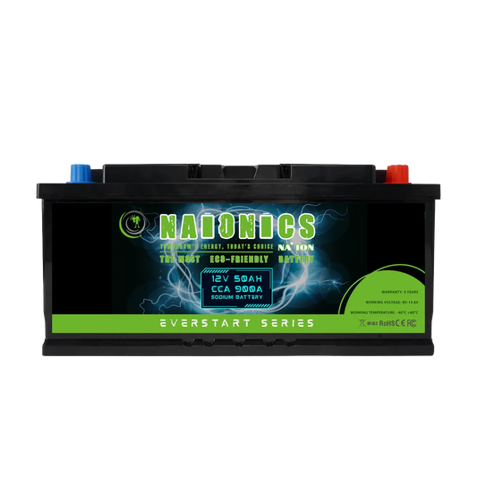 12V 50Ah 900A sodium-ion car battery with blue and red terminals, eco-friendly design