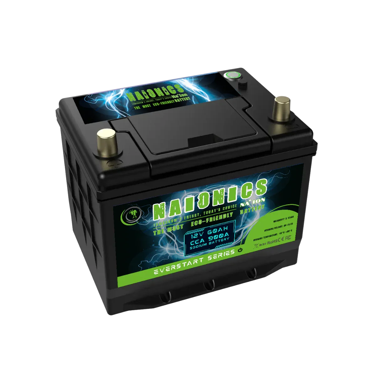 12V 60Ah 900A sodium ion car battery with black case and green accented labels