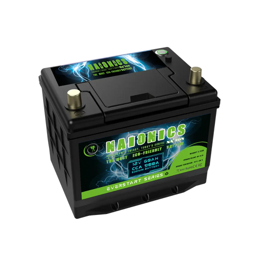 12V 60Ah 900A sodium ion car battery with black case and green accented labels
