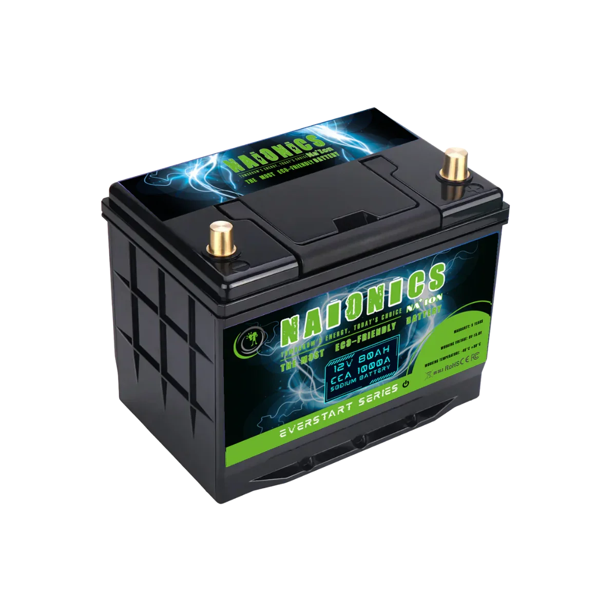 12V 80Ah sodium ion battery with labeled Naionics branding and dual terminals