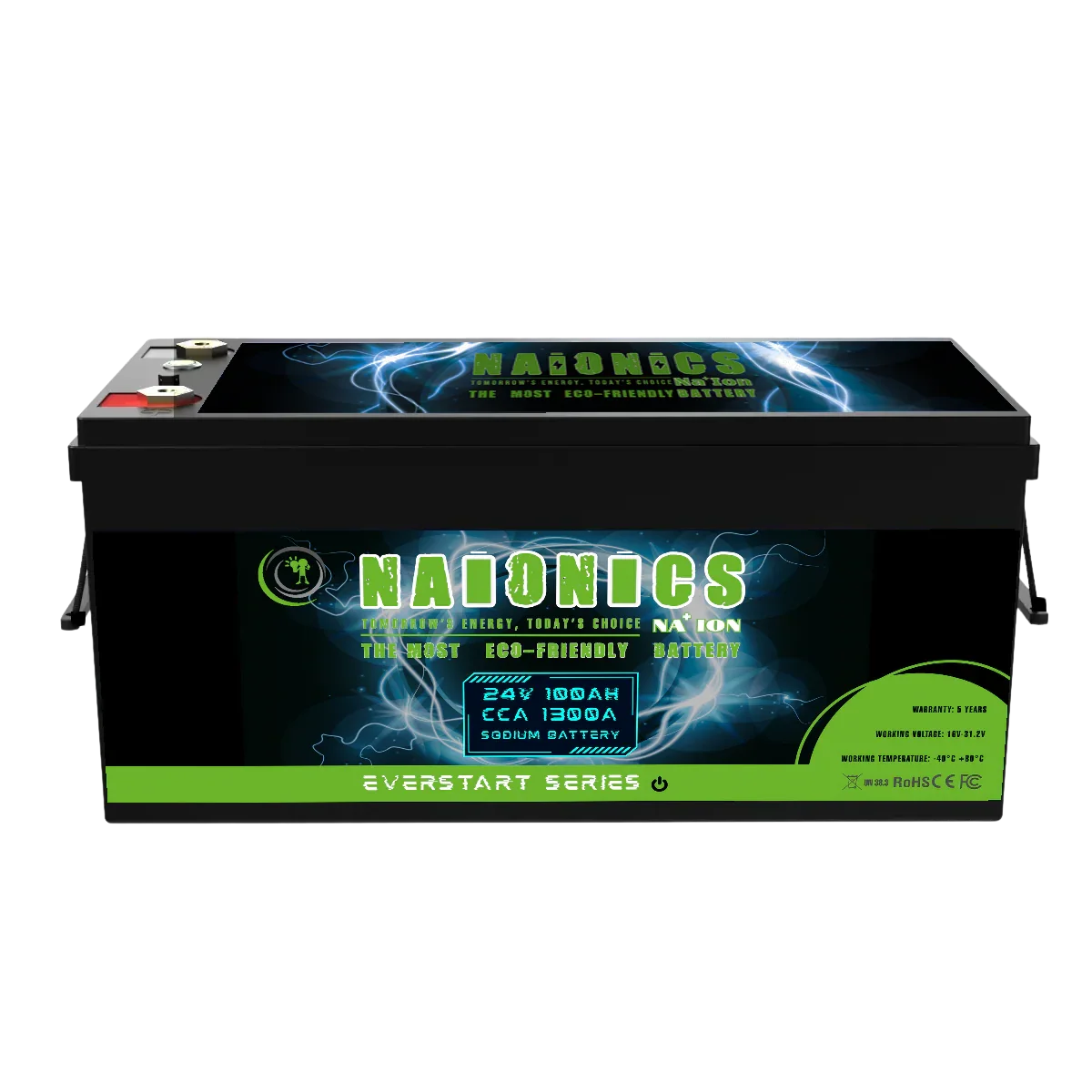 24V 100Ah sodium ion battery with digital display and eco-friendly Everstart Series label
