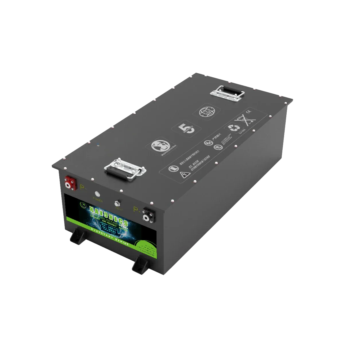 24V 400Ah sodium ion battery with metal case, power connectors, and handle on top