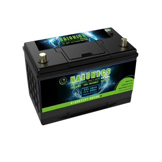 24V 50Ah sodium battery with 800A CCA, labeled Naionics Everstart Series, black and green design