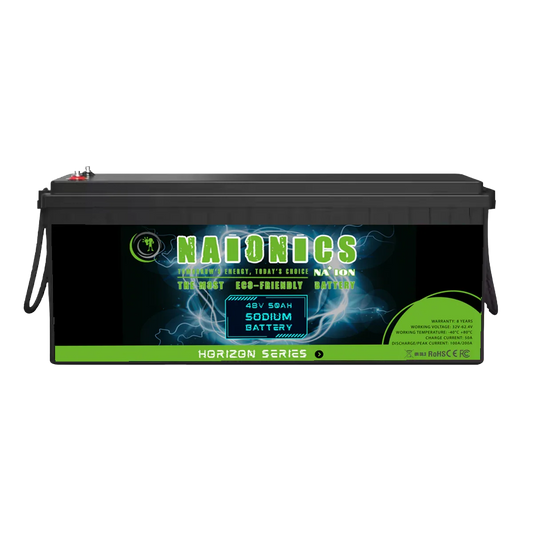 48V 50Ah sodium battery, Horizon Series, black rectangular case, green label
