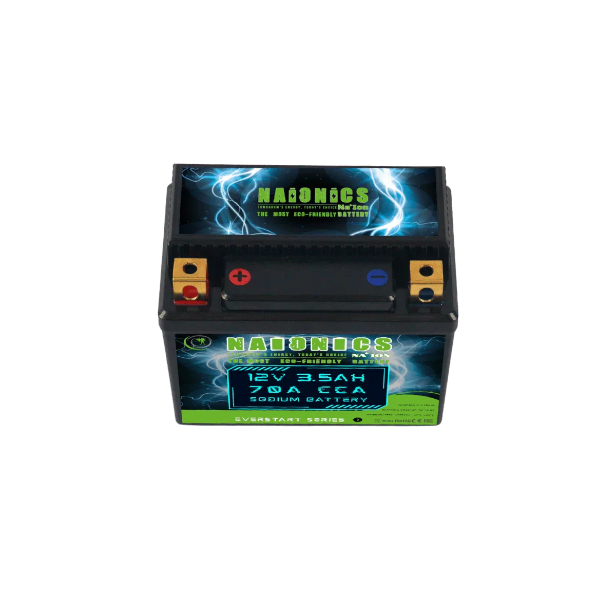 12V 3.5Ah sodium motorcycle starter battery with labeled terminals and blue graphics