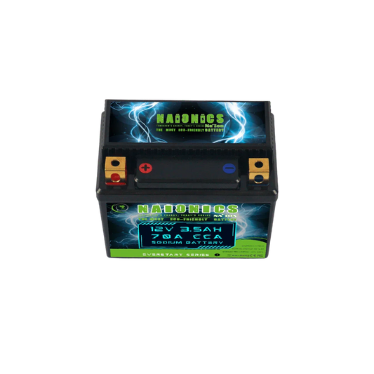 12V 3.5Ah sodium motorcycle starter battery with blue and green label, top terminals visible