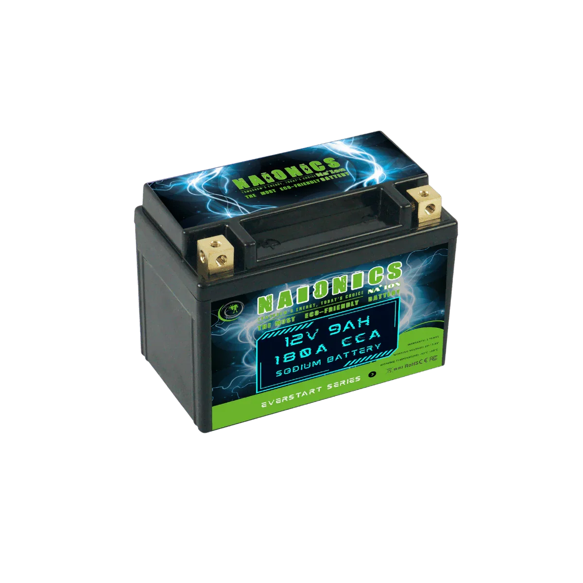 12V 9Ah sodium battery for motorcycle starter, black casing with green and blue label