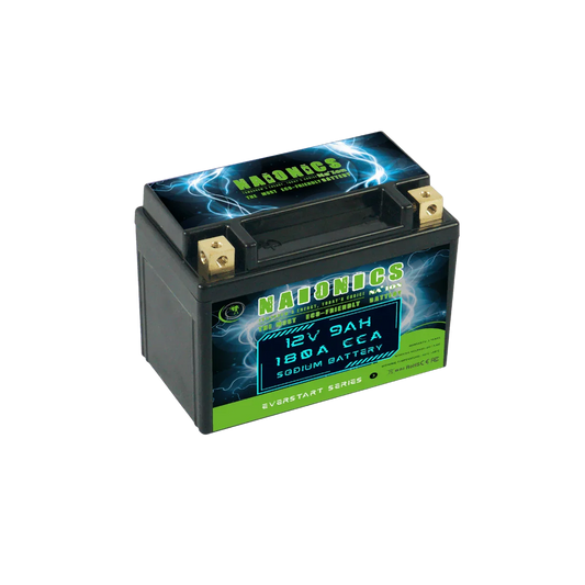12V 9Ah sodium battery for motorcycle starter, black casing with green and blue label