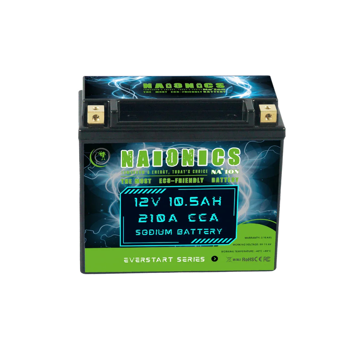 12V 10.5Ah sodium battery with 210A CCA, black case, front view, eco-friendly design