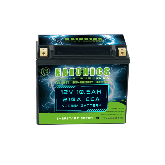 12V 10.5Ah sodium battery with 210A CCA, black case, front view, eco-friendly design