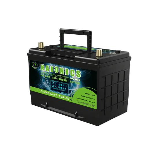 12V 100Ah sodium ion car battery with handle and labeled eco-friendly features