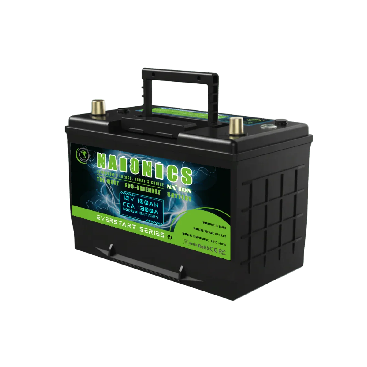12V 100Ah sodium ion car battery with handle and labeled eco-friendly features