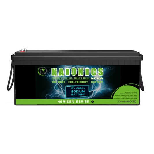 12V 200Ah sodium ion battery, black case, eco-friendly label, Horizon Series