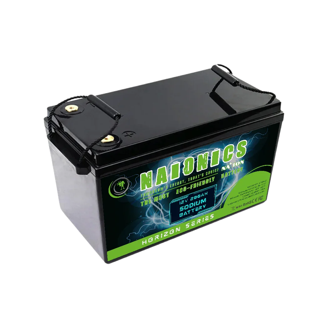 12V 200Ah sodium battery with black case and eco-friendly energy label