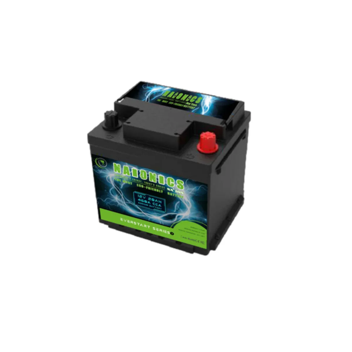 12V 20Ah sodium battery with black casing, terminal posts, and bright green label