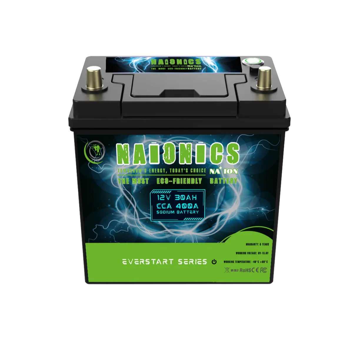 12V 30Ah 400A sodium battery, front view, eco-friendly design, Everstart Series.