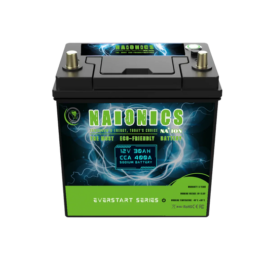 12V 30Ah 400A sodium battery, front view, eco-friendly design, Everstart Series.