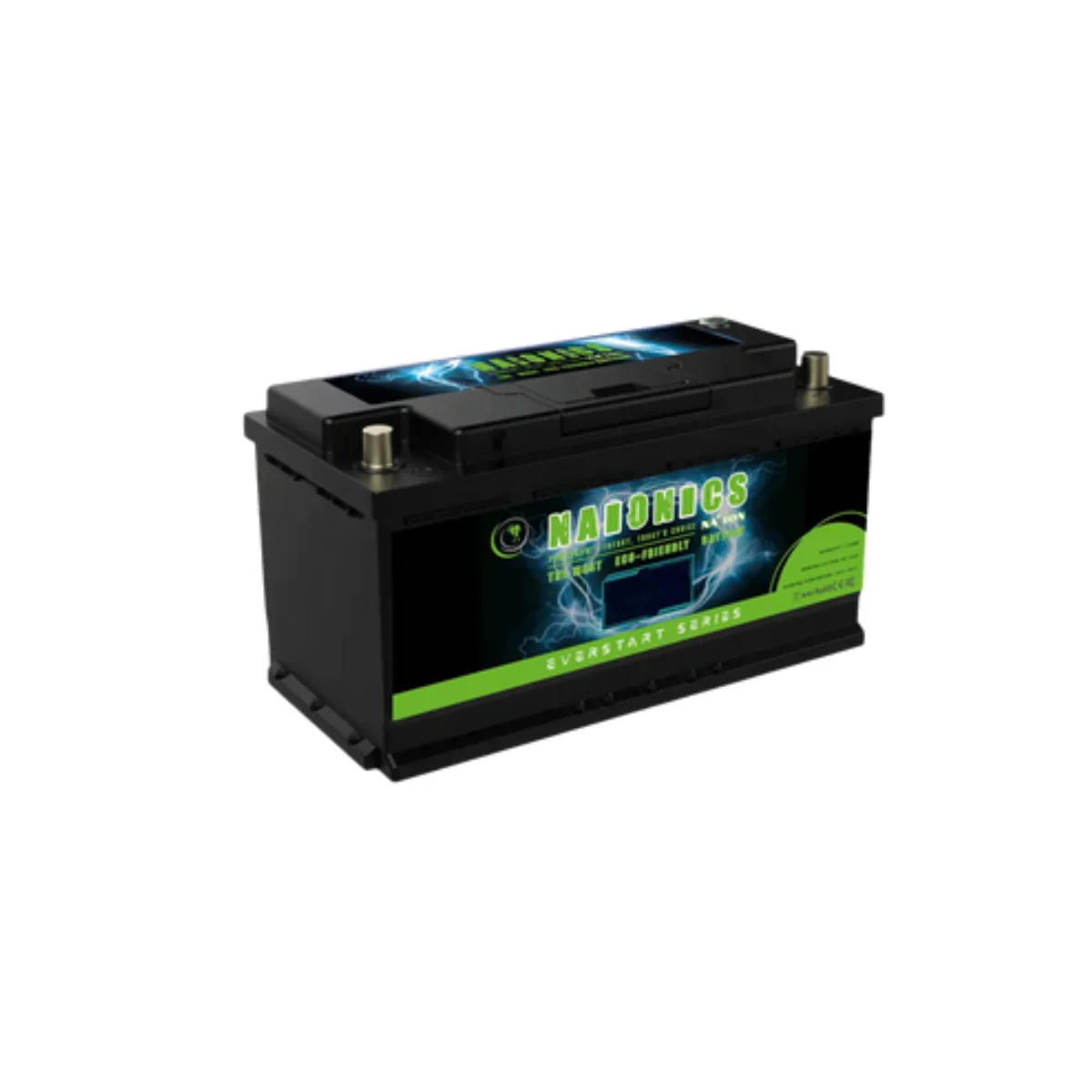 12V 30Ah sodium ion battery, black casing with green label, Everstart Series, close-up view