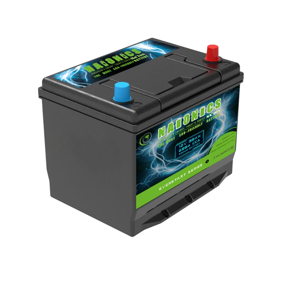 12V 30Ah sodium ion battery with blue and red terminals, labeled Everstart Series.