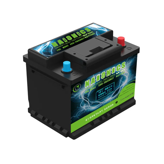 12V 30Ah sodium battery with blue and red terminals, Everstart Series, eco-friendly design
