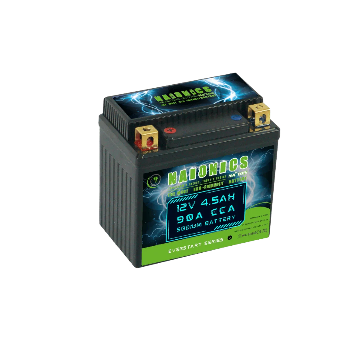 12V 4.5Ah sodium motorcycle starter battery with 90A CCA, Everstart series, black case