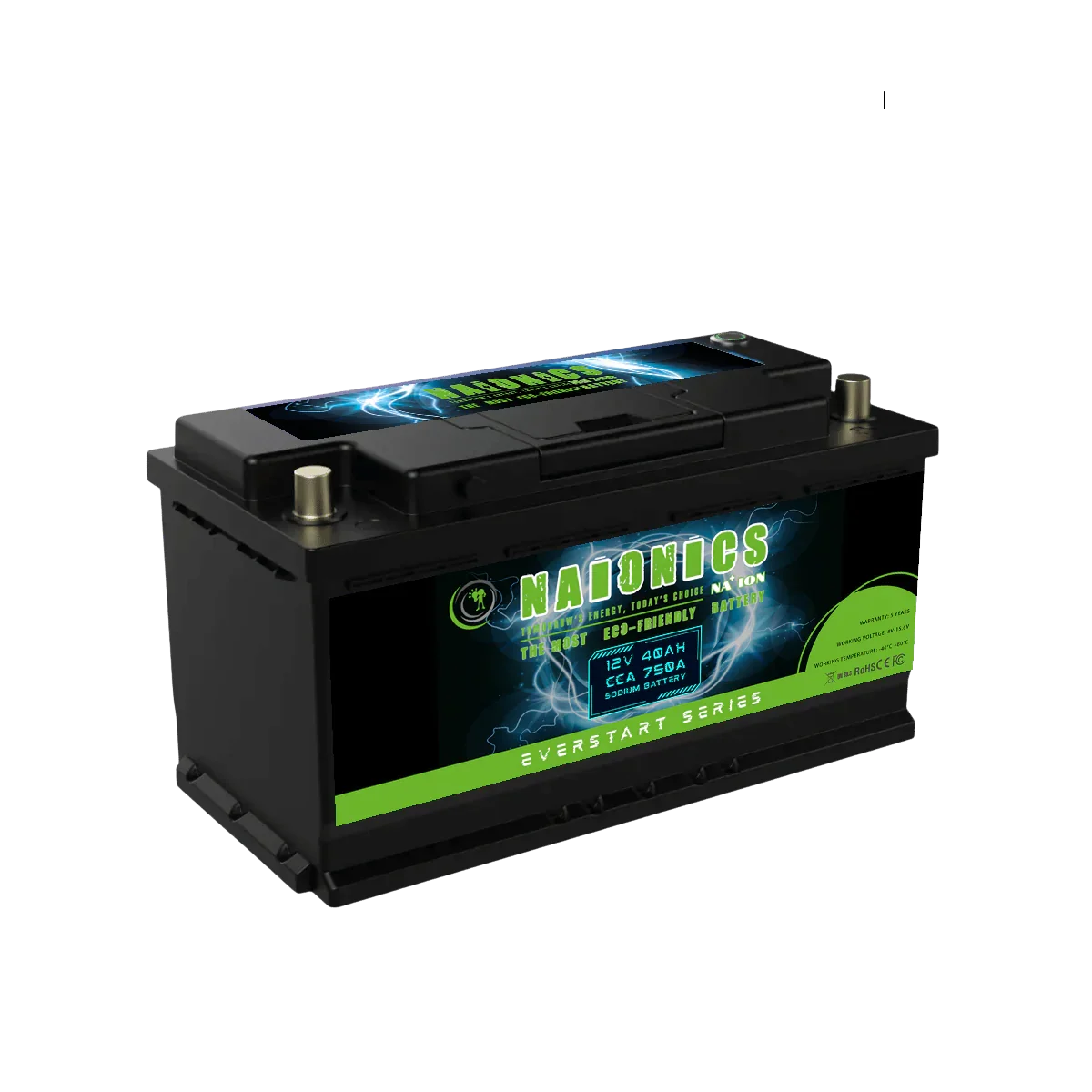 12V 40Ah sodium car battery with 750A CCA, labeled Naionics Everstart Series