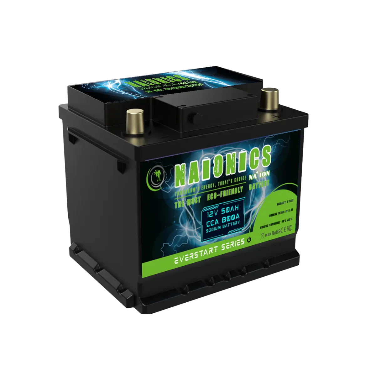 12V 50Ah sodium battery with 800A CCA, Naionics Everstart Series, eco-friendly design