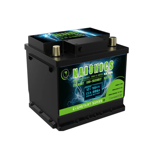 12V 50Ah sodium battery with 800A CCA, Naionics Everstart Series, eco-friendly design