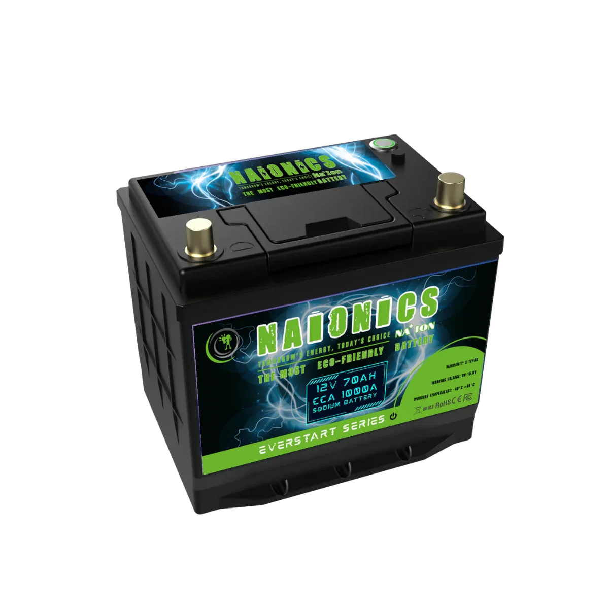 12V 70Ah sodium car battery with green and blue label, 1000A CCA, Everstart Series