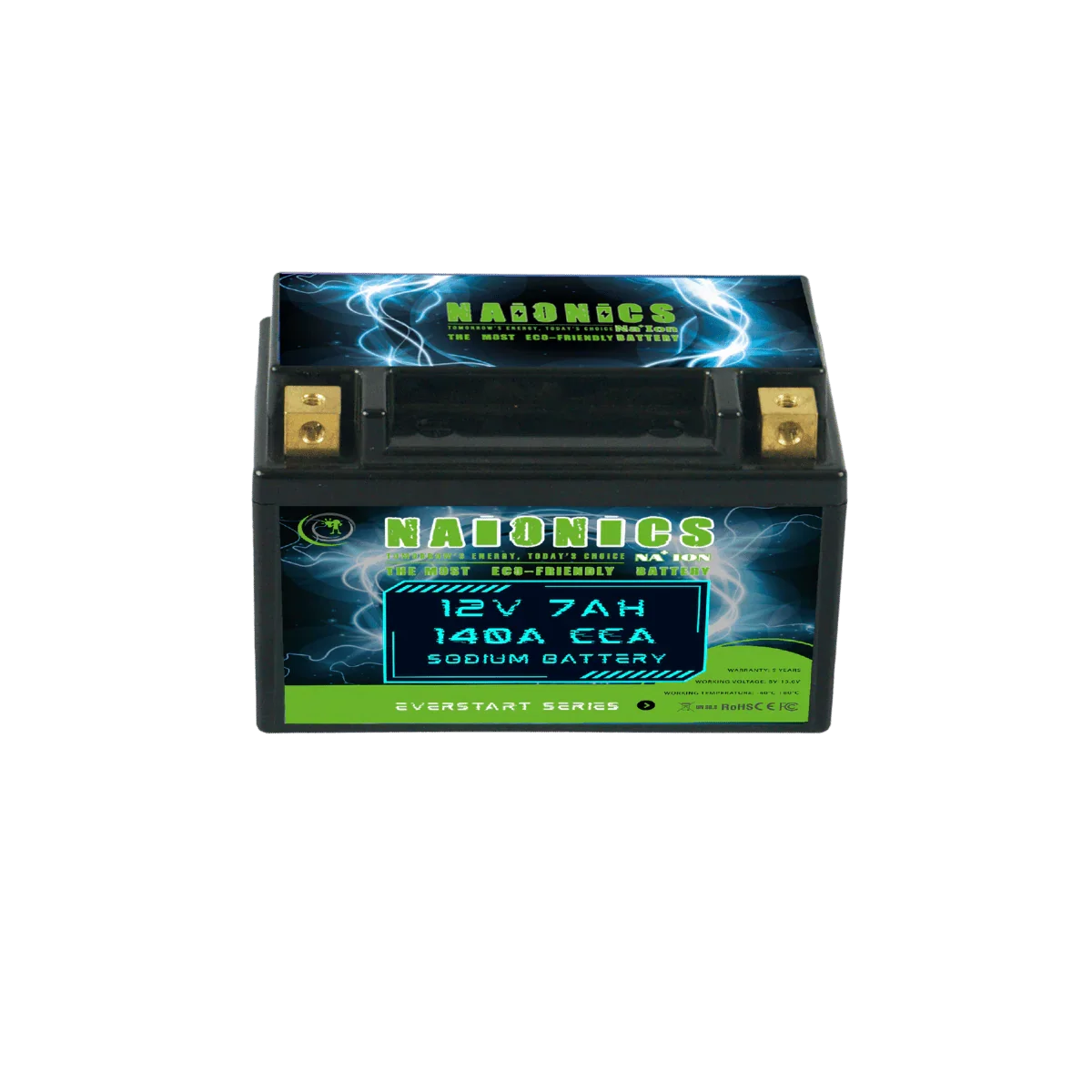 12V 7Ah 140A CCA sodium battery for motorcycle starter, black with green and blue label