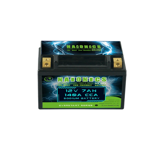 12V 7Ah 140A CCA sodium battery for motorcycle starter, black with green and blue label