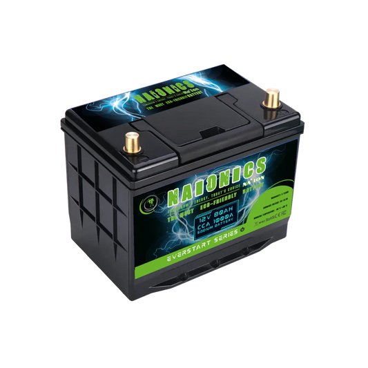 12V 80Ah sodium ion battery with labeled Naionics branding and dual terminals