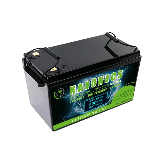 24V 100Ah sodium battery with black casing and green and blue Horizon Series label
