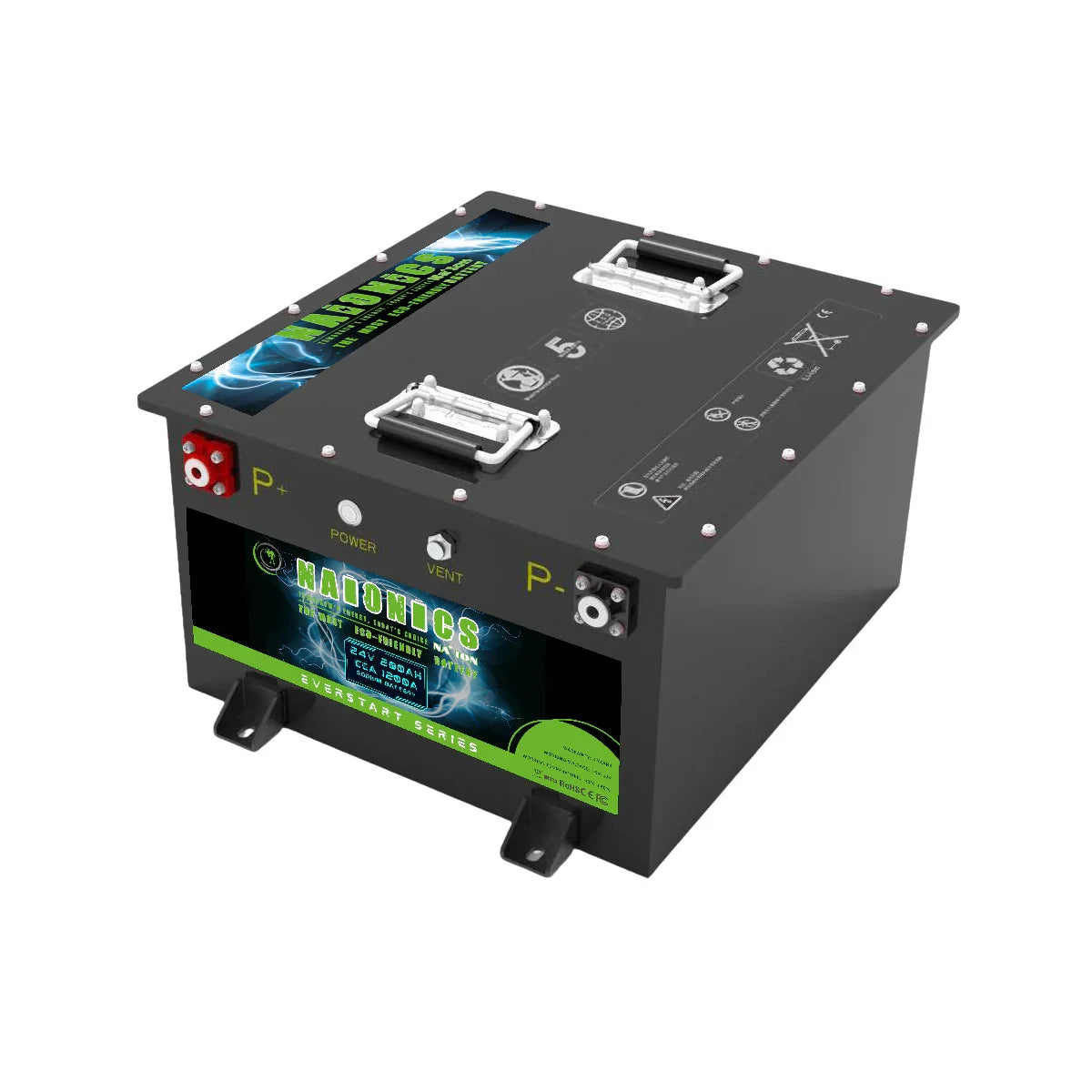 24V 200Ah sodium ion battery with terminals, handles, and Naionics Everstart label