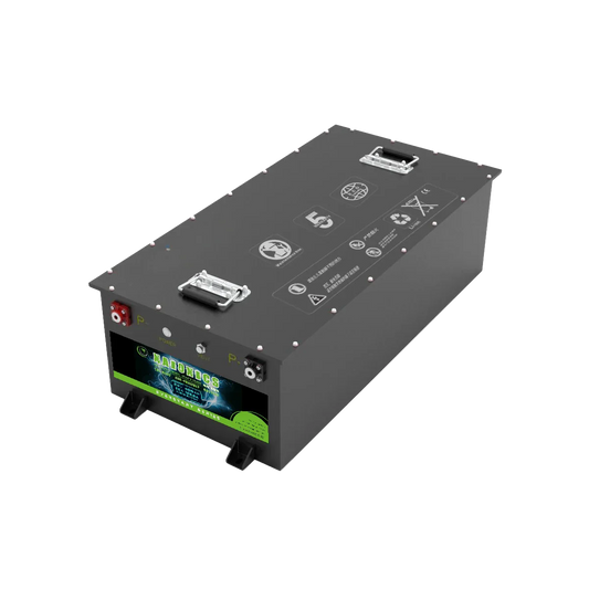 24V 400Ah sodium ion battery with metal case, power connectors, and handle on top