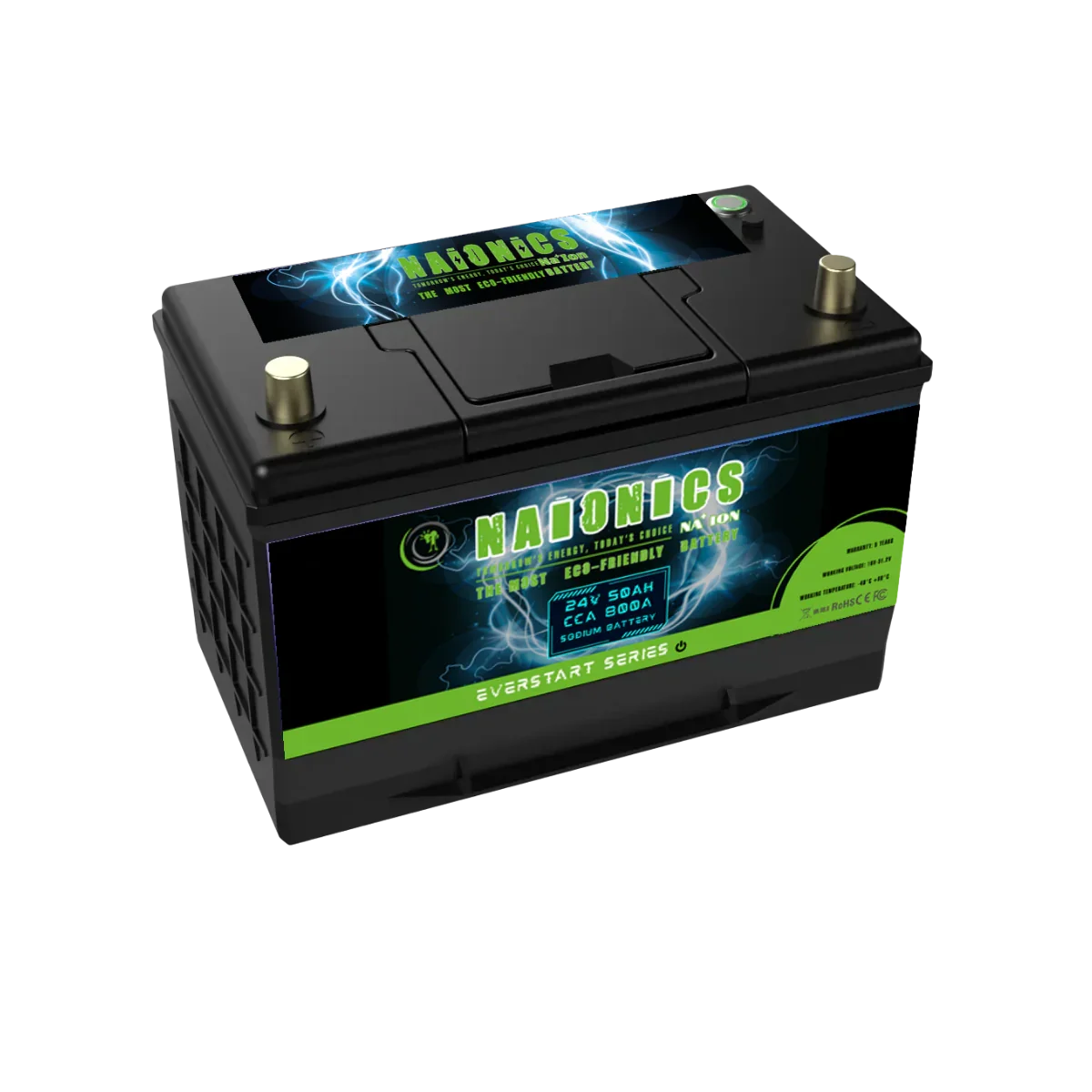 24V 50Ah sodium battery with 800A CCA, labeled Naionics Everstart Series, black and green design