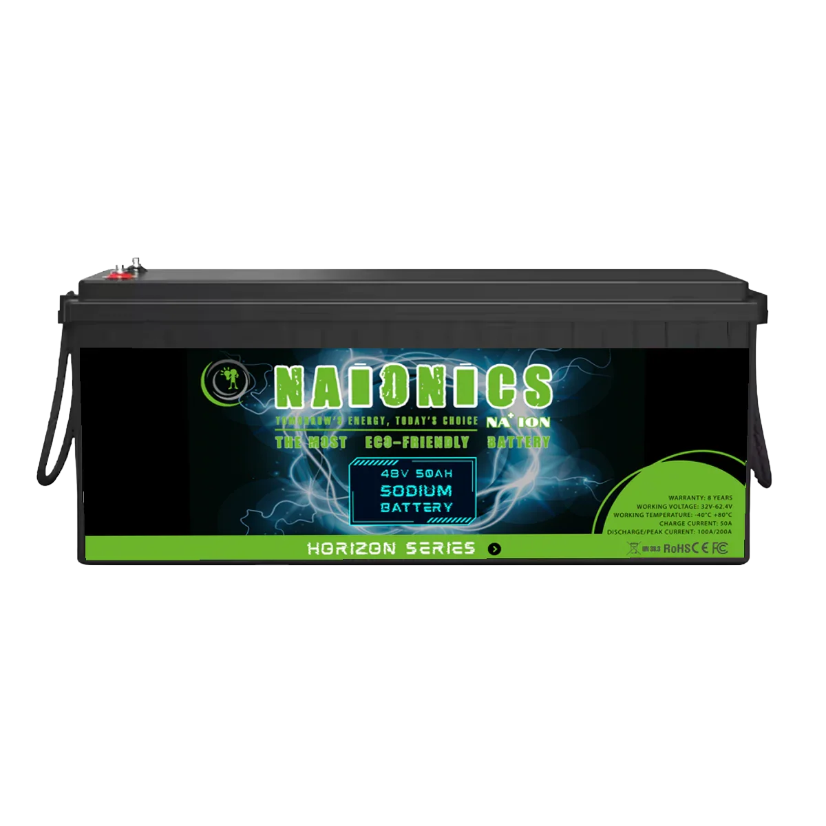 48V 50Ah sodium battery, Horizon Series, black rectangular case, green label